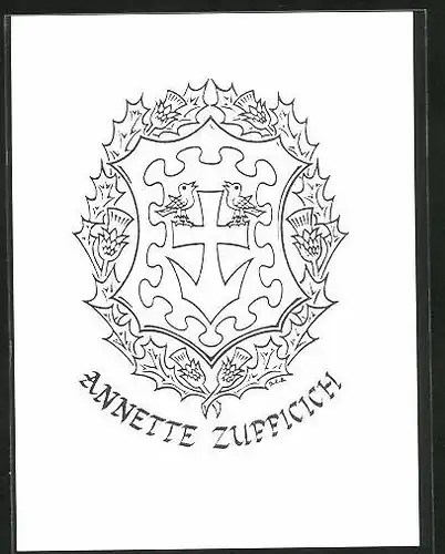 Exlibris Annette Zufficich, Wappen mit Vögeln und Blumen
