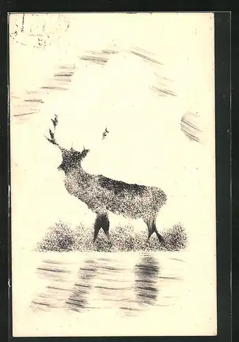 Künstler-AK Handgemalt: Ein Hirsch am See