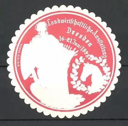 Präge-Reklamemarke Dresden, Landwirtschaftliche Ausstellung 1898, Göttin mit Schild und Pferdekopf