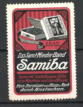 Reklamemarke Samiba das Samt-Mieder-Band, kein Zerreissen von Bluse und Rock, Schachtel mit Miederband