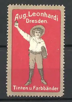 Reklamemarke Tinten und Farbbänder v. Aug. Leonhardi, Dresden, Schuljunge mit Tintenfässchen