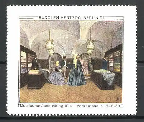 Künstler-Reklamemarke Berlin, Jubiläums-Ausstellung 1914, Rudolph Hertzog, Verkaufshalle für Stoffwaren