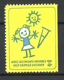 Reklamemarke Aidez les Enfants Infirmes, Help crippled Children, Zeichnung Mädchen mit Sonne und Krücke