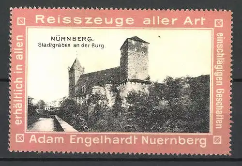 Reklamemarke Nürnberg, Stadtgraben an der Burg, Reisszeuge von Adam Engelhardt, Nürnberg