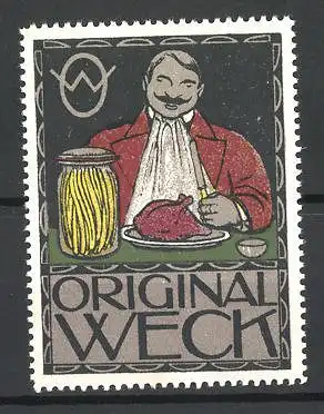 Reklamemarke Original Weck Einmachhilfe, Mann am Essenstisch