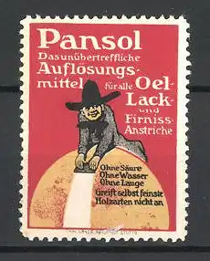 Reklamemarke Pansol Auflösungsmittel für Oel-Lack- und Firnissamstriche, Mann reinigt eine Kugel