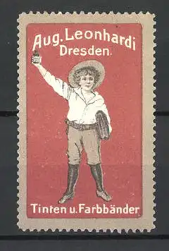 Reklamemarke Tinten und Farbbänder von Aug. Leonhardi, Dresden, Schuljunge mit Tintenfläschen