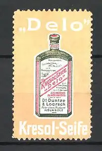 Reklamemarke Delo Kresol-Seife, Ansicht einer Flasche