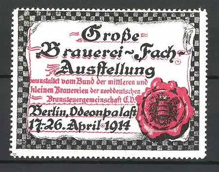 Reklamemarke Berlin, Grosse Brauerei-Fach-Ausstellung 1914, Siegel mit Fass