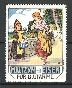 Reklamemarke Maltzym Kräftigungspräparat mit Eisen für Blutarme, Münchner Kindl gibt einer Frau eine Dose