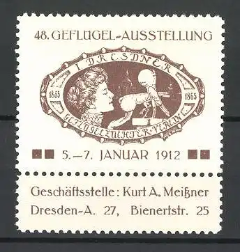Reklamemarke Dresden, 48. Geflügel-Ausstellung 1912, Frau spricht zu ihren Vögeln