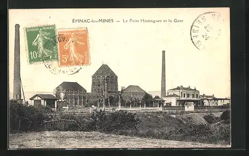 AK Épinac-les-Mines, Le Puits Hottinguer et la Gare