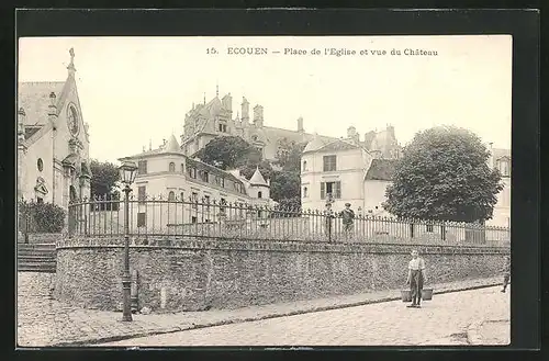 AK Ecouen, Place de l`Eglise et vue du Chateau, Junge mit Wassereimern