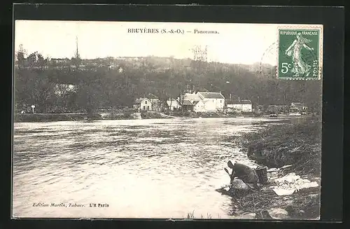 AK Bruyeres, Panorama, Waschfrau am Ufer