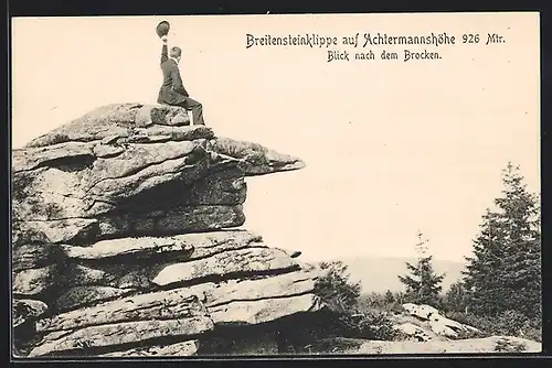 AK Braunlage / Harz, Breitensteinklippe auf Achtermannshöhe, Blick nach dem Brocken