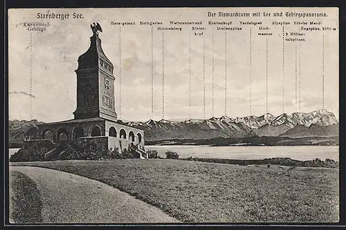 AK Starnberg, Bismarckturm mit See und Gebirgspanorama