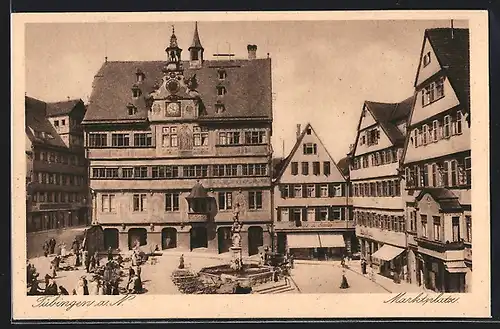 AK Tübingen a. N., Marktplatz mit Geschäften und Brunnen