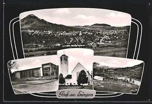 AK Eningen u. A., Gesamtansicht, Kirche und Freibad