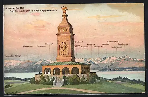 Künstler-AK Starnberg, Bismarckturm mit Gebirgspanorama