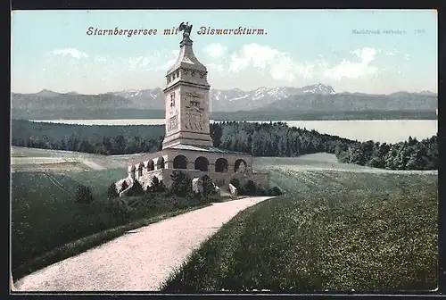 AK Starnberg, Starnberger See mit Bismarckturm