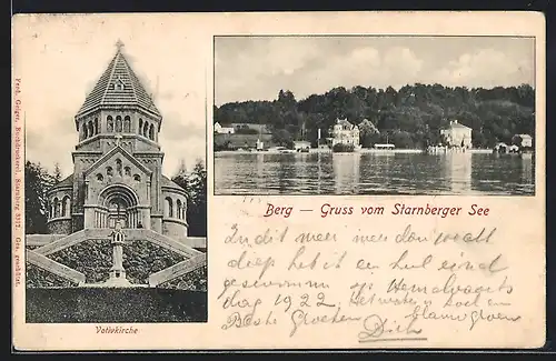 AK Berg / Starnberger See, Votivkirche, Ortsansicht vom Wasser aus gesehen