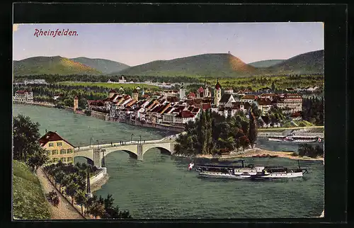 AK Rheinfelden, Ortspanorama mit Brücke und Dampfer