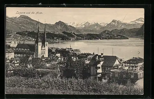 AK Luzern, Ortsansicht mit Kirche und Alpenpanorama