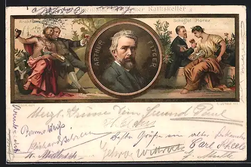 Lithographie Bremen, Wandgemälde im Rathskeller, Portrait Arthur Fitger