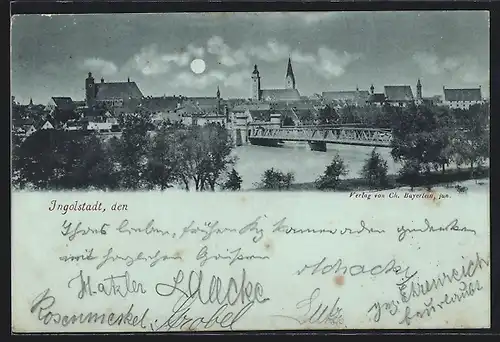 Mondschein-AK Ingolstadt, Ortsansicht mit Flusspartie und Brücke