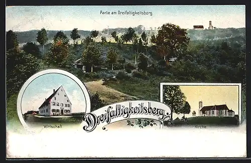 AK Spaichingen, Partie am Dreifaltigkeitsberg, Kirche, Gasthaus