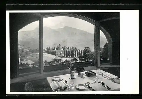 AK Spiez, Terrassenrestaurant Bahnhof-Buffet Spiez, Ausblick aus dem Fenster