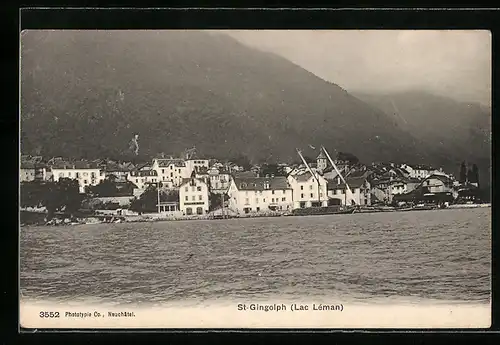 AK St-Gingolph, Lac Leman, Blick vom See auf Häuser und Berge