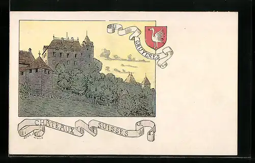 Lithographie Gruyeres, Chateaux Suisses, Wappen