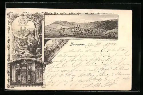 AK Einsiedeln, Gesamtansicht, Kirche, Mönch und Gnadenbild