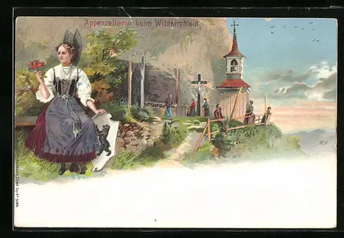 Lithographie Wildkirchli, Kapelle, Appenzellerin in Tracht