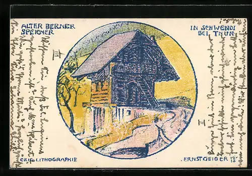 Künstler-AK Schwendi bei Thun, alter Berner Speicher