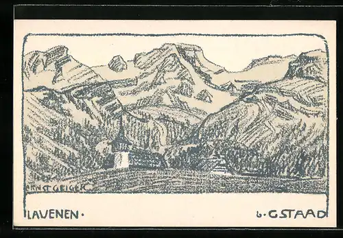 Künstler-AK Lauenen b. Gstaad, Ortsansicht mit Kirche