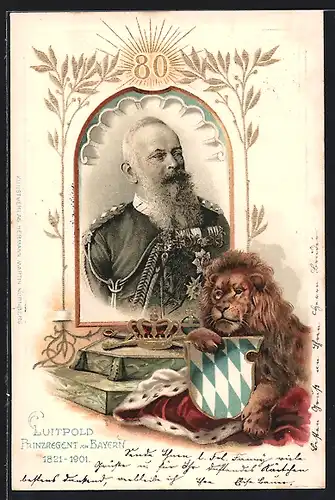 AK Portrait Prinzregent Luitpold zum 80. Geburtstag mit Krone, Löwen & Wappen