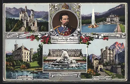 AK König Ludwig II. und seine Lieblingsschlösser, Schloss Neuschwanstein, Schloss Berg