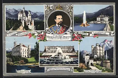 AK König Ludwig II. und seine Lieblingsschlösser, Schloss Neuschwanstein, Schloss Berg