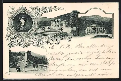 AK Portrait Ludwig II., Mehrfachansichten vom Schloss Linderhof