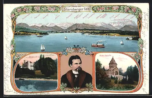 AK Panorama vom Starnberger See, Portrait Ludwig II. und Schloss Berg