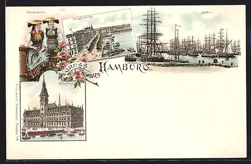 Lithographie Hamburg-Neustadt, Blick auf Hafen, Jungfernstieg und Rathaus, Vierländerin