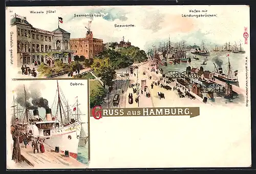 Lithographie Hamburg-St. Pauli, Wiezels Hôtel mit Seemannshaus & Seewarte am Hafen mit Landungsbrücken, Dampfer Cobra