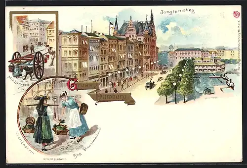 Lithographie Hamburg-Neustadt, Jungfernstieg mit Vierländerinnen