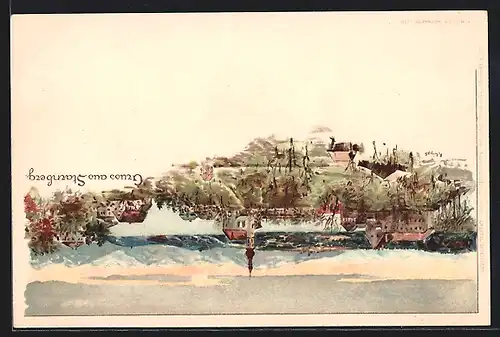 Künstler-AK Starnberg, Generalansicht mit Gebirgspanorama