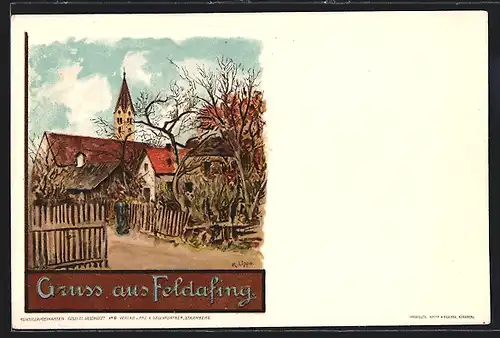 Lithographie Feldafing, Häuserpartie an der Kirche