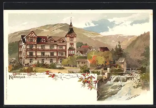 Lithographie Herrenalb, Hotel zur Post mit bewaldeten Hügeln im Hintergrund