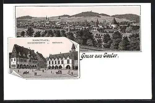 Lithographie Goslar, Marktplatz, Kaiserwörth, Rathaus, Panorama