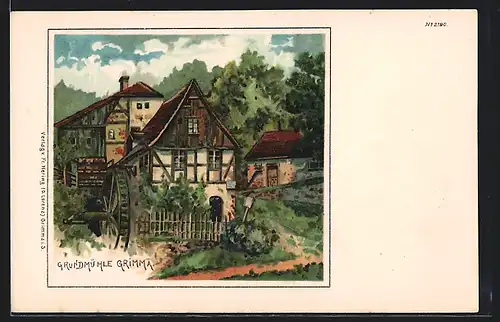 Lithographie Grimma, Partie an der Grundmühle